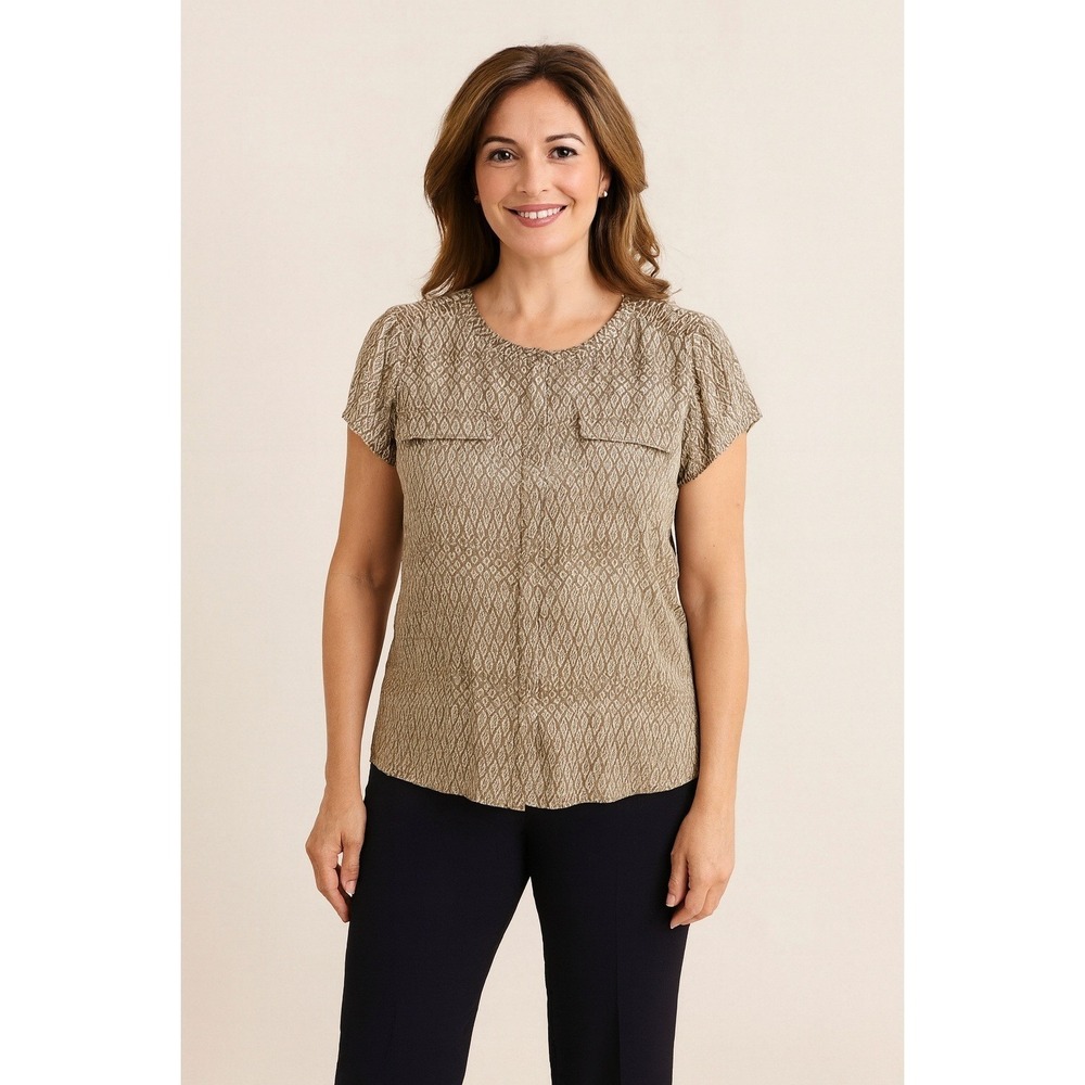 Chico's‎ Modern Button Front Top size 3 XL Brown Geometric Print Silky Polyester
